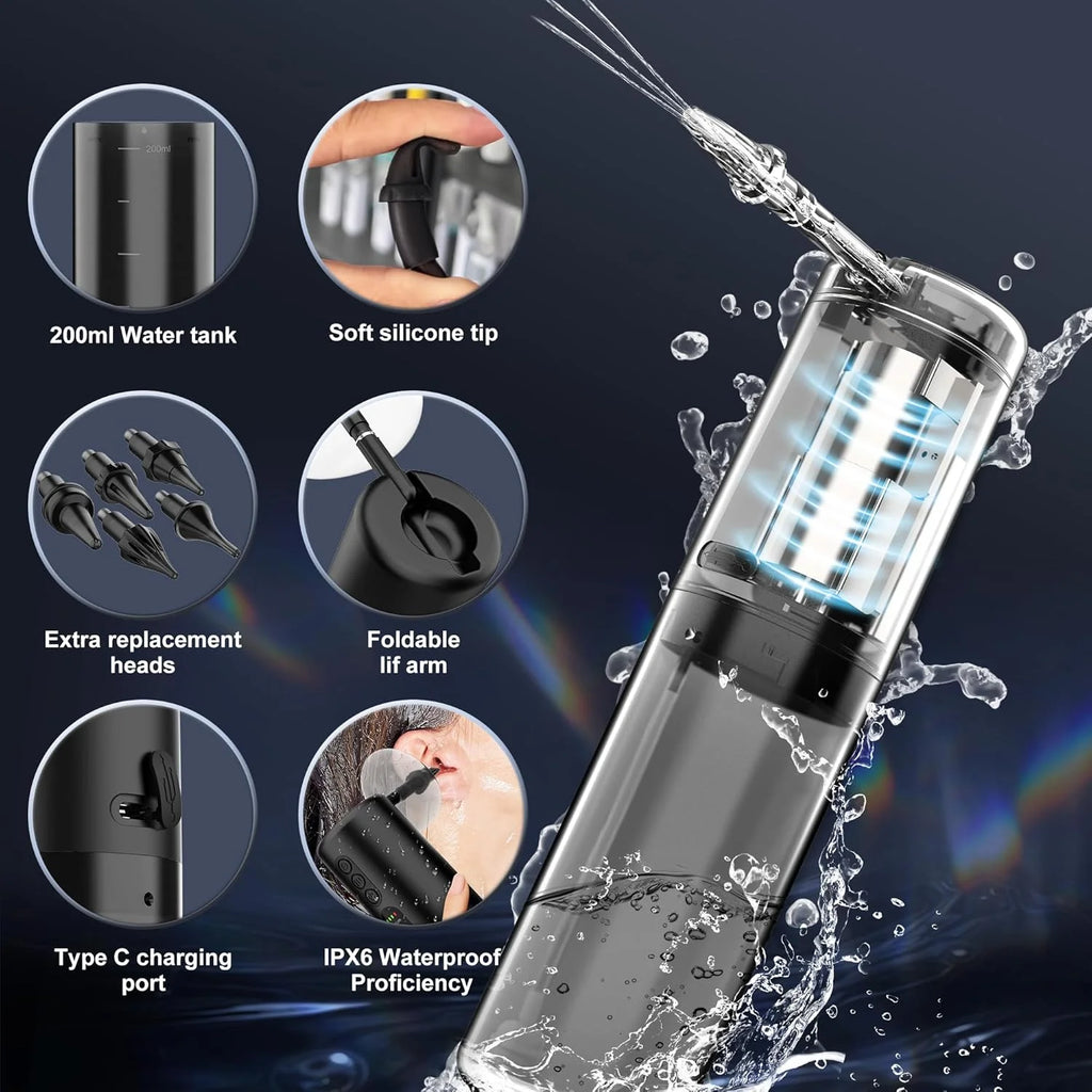 Water Powered Ear Cleaner, Safe & Effective Electric Triple Jet Stream with 4 Pressure Settings for Ear Wax Buildup, Water Resistant, USB Rechargeable Black