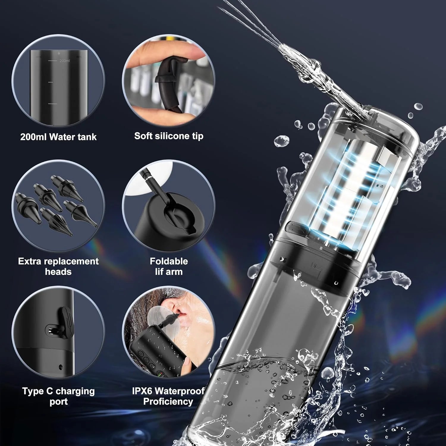 Water Powered Ear Cleaner, Safe & Effective Electric Triple Jet Stream with 4 Pressure Settings for Ear Wax Buildup, Water Resistant, USB Rechargeable Black