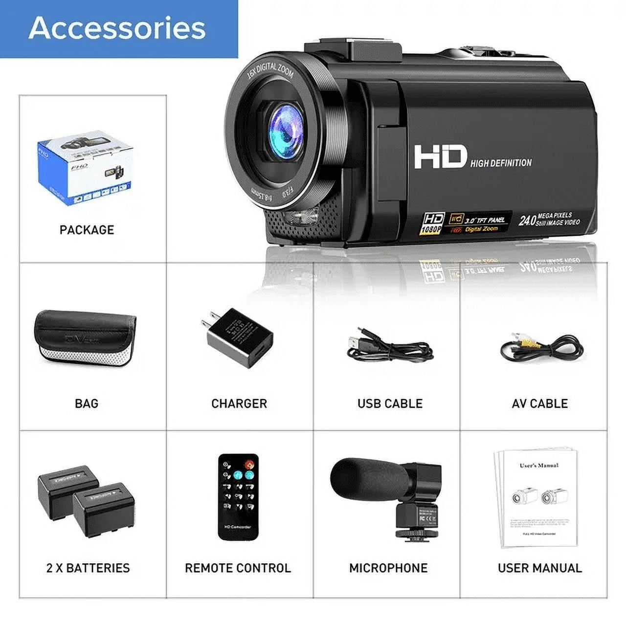Video Camera Camcorder FHD 1080P 30FPS 16X Digital Zoom Vlog Camera for Youtube 3.0 Touch Screen with Microphone