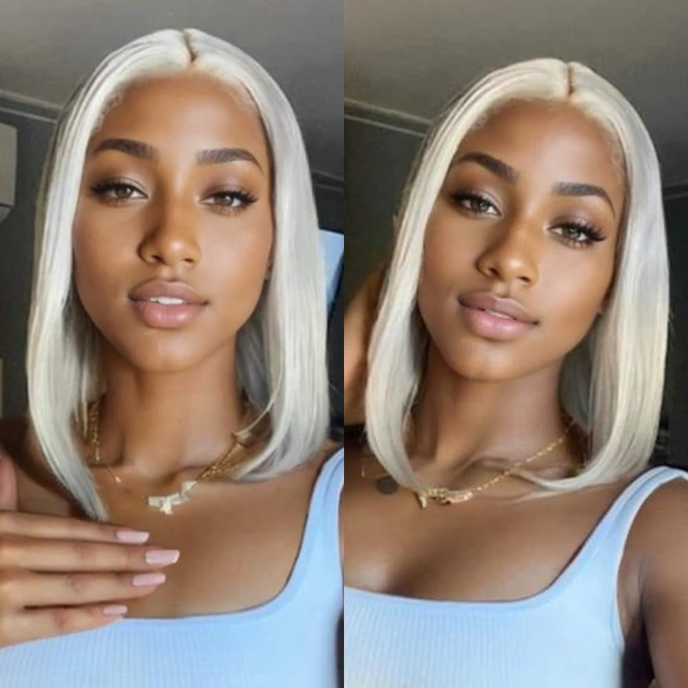 Glueless Human Hair 60# Grey White Platinum Blonde Bob Wigs for Black Women 8 Inch HD Transparent Lace Front Wigs Pre Plucked Frontal and Bleached Knots 130% Density