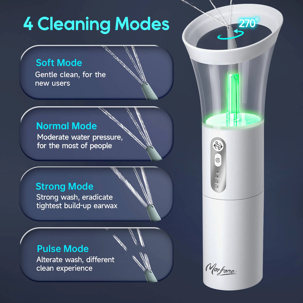 Ear Wax Removal with One-Piece Waste Tank, Ear Cleaner with Water Temperature Sensor, 4 Pressure Settings, Ear Cleaning Kit for Ear Wax Buildup & USB-C Cable, IPX6, White