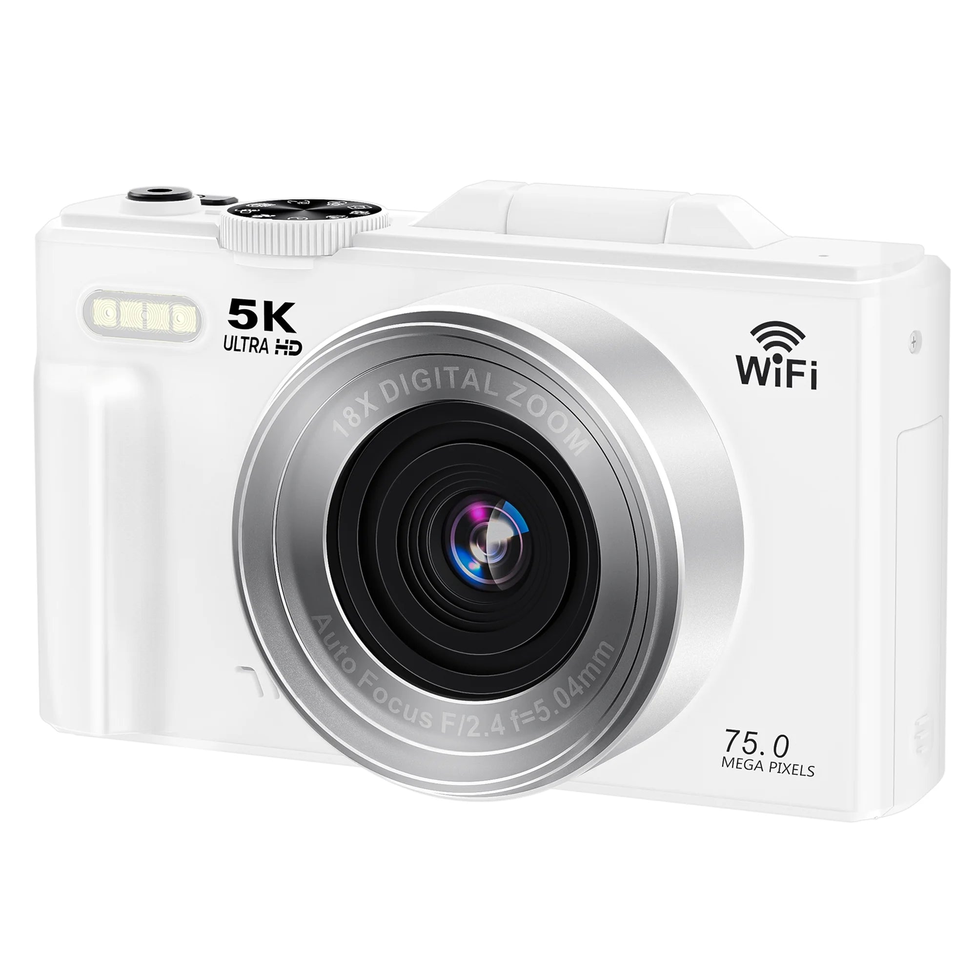 Digital Camera 5K 75MP Wifi Vlogging Camera for Photography, 18X Zoom, Autofocus, Flip Screen with 32GB Card, White