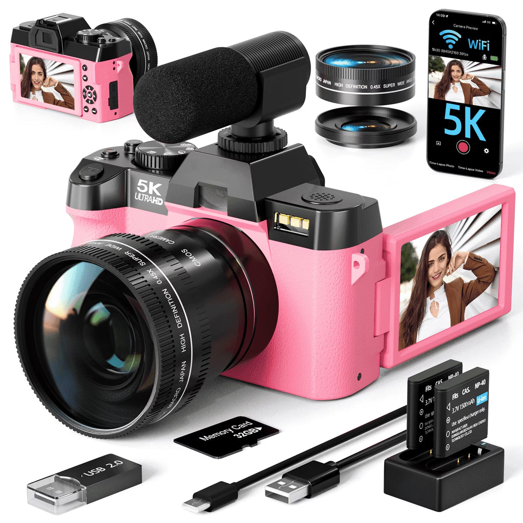 5K Digital Camera for Photography,48Mp Autofocus Vlogging Camera for Youtube with 32GB TF Card，Pink