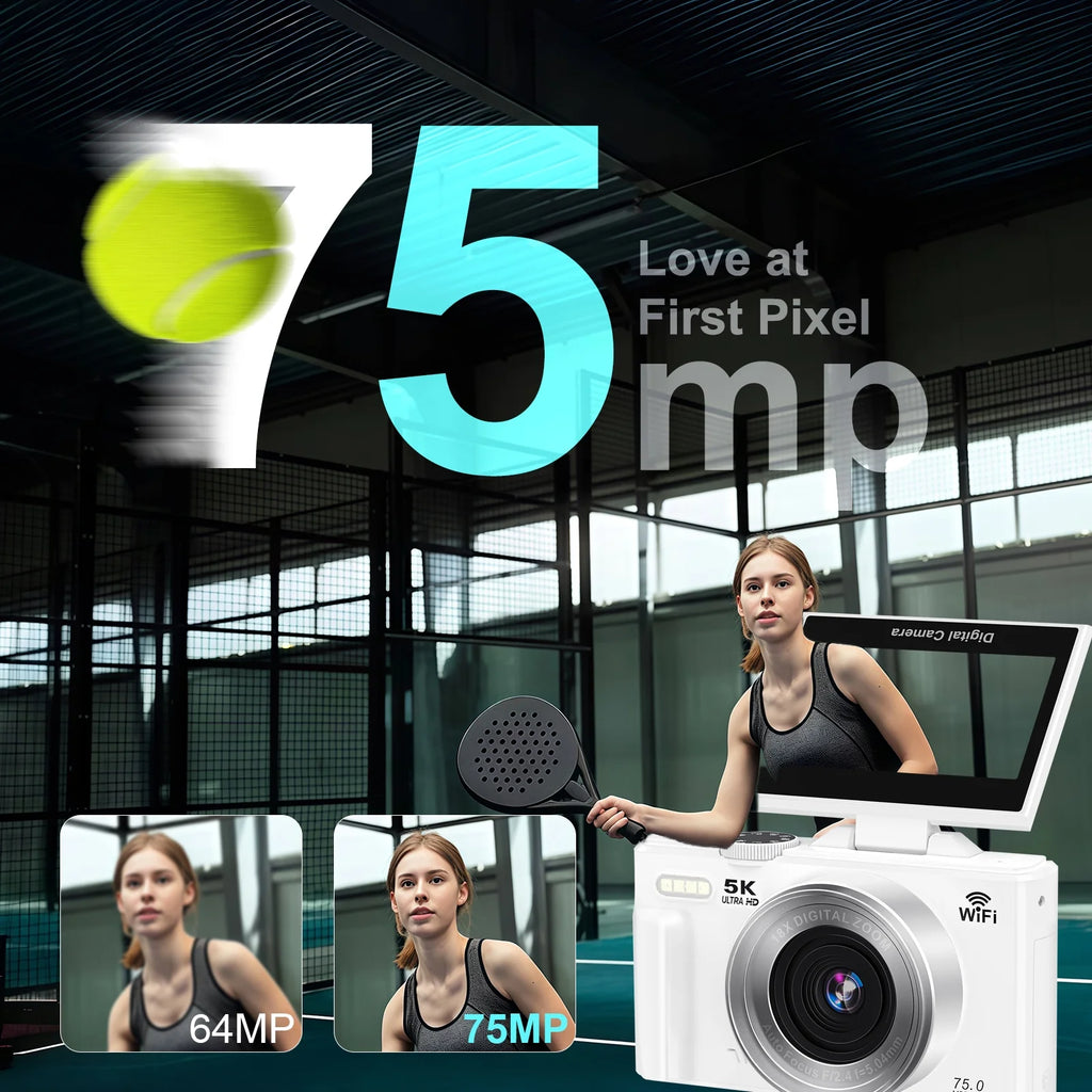 Digital Camera 5K 75MP Wifi Vlogging Camera for Photography, 18X Zoom, Autofocus, Flip Screen with 32GB Card, White