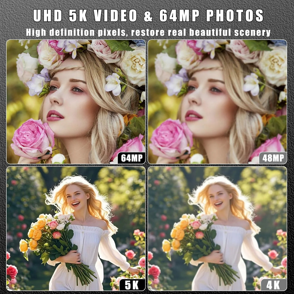 64MP 5K Autofocus Digital Camera with Wifi and App Control, 16X Zoom, Anti-Shake, and Flash – Compact Vlogging and Travel Camera with SD Card and 2 Batteries