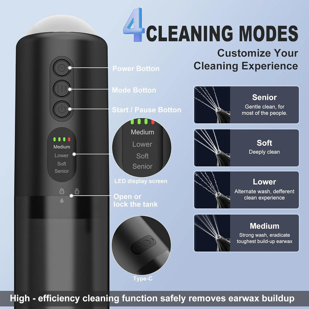 Water Powered Ear Cleaner, Safe & Effective Electric Triple Jet Stream with 4 Pressure Settings for Ear Wax Buildup, Water Resistant, USB Rechargeable Black