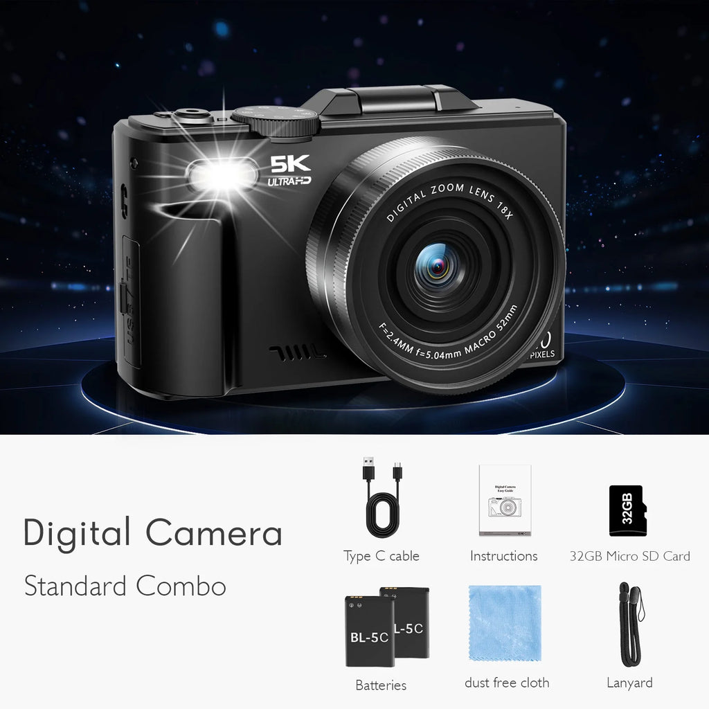 5K Digital Camera for Photography with Wifi, 75MP Vlogging Camera for Youtube with 3" 180° Flip Screen, 18X Digital Zoom Photography Camera with 32GB Micro SD Card & 2 Batteries(Black)
