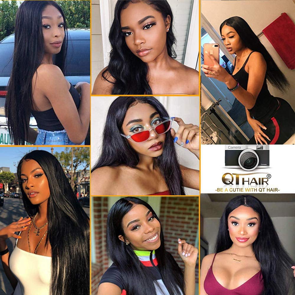 18A Brazilian Straight Human Hair Bundles with Frontal(16 18 20+14,Natural Black) Brazilian Straight Virgin Hair with 13X4 Lace Frontal 100% Unprocessed Human Hair Weave with Frontal