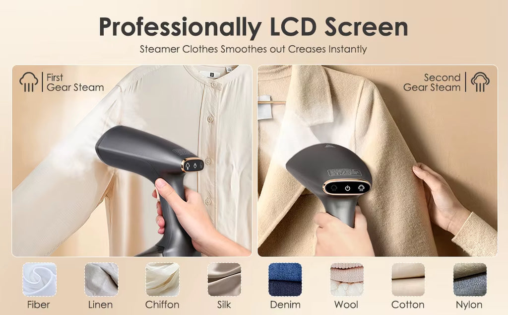 E16 High Power Handheld Garment LED Touch 1800W Gray Gold Metallic Paint LCD Screen 2 Steam Settings Garment