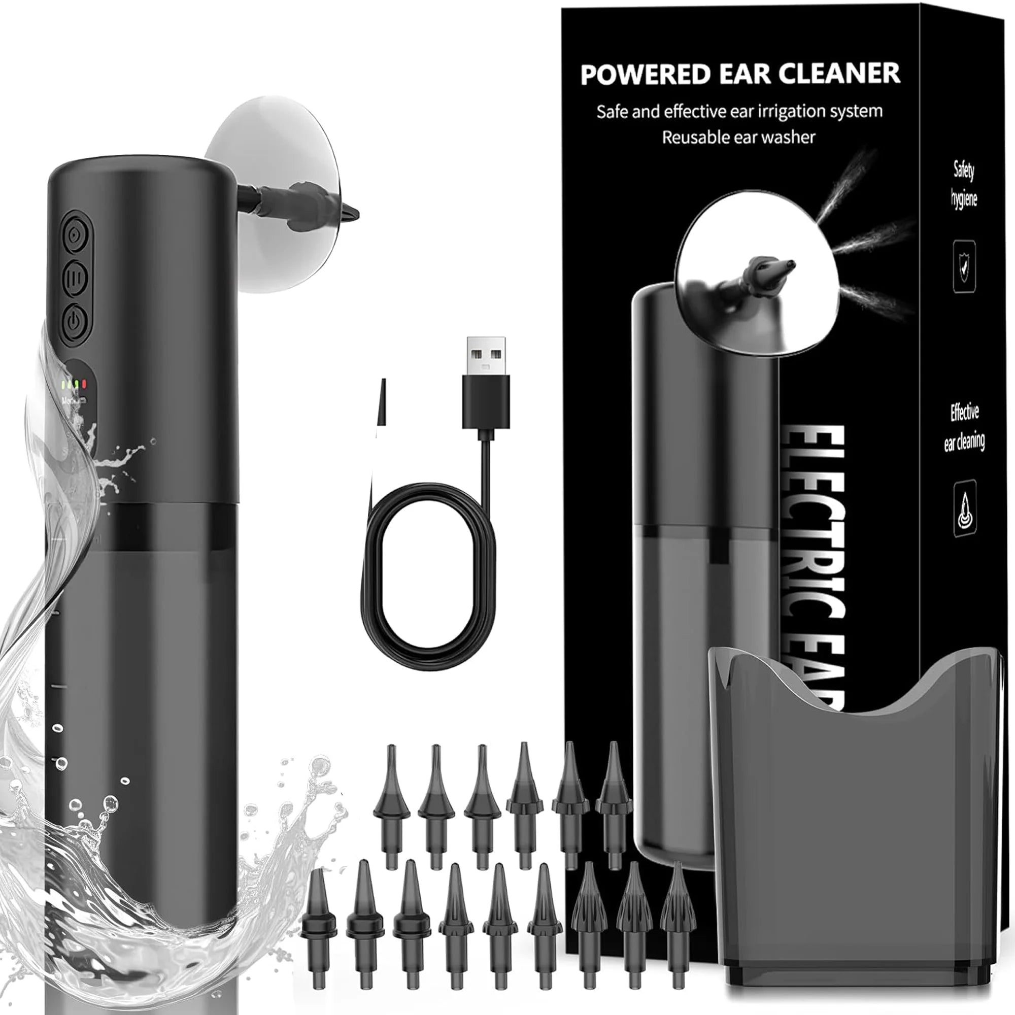 Water Powered Ear Cleaner, Safe & Effective Electric Triple Jet Stream with 4 Pressure Settings for Ear Wax Buildup, Water Resistant, USB Rechargeable Black