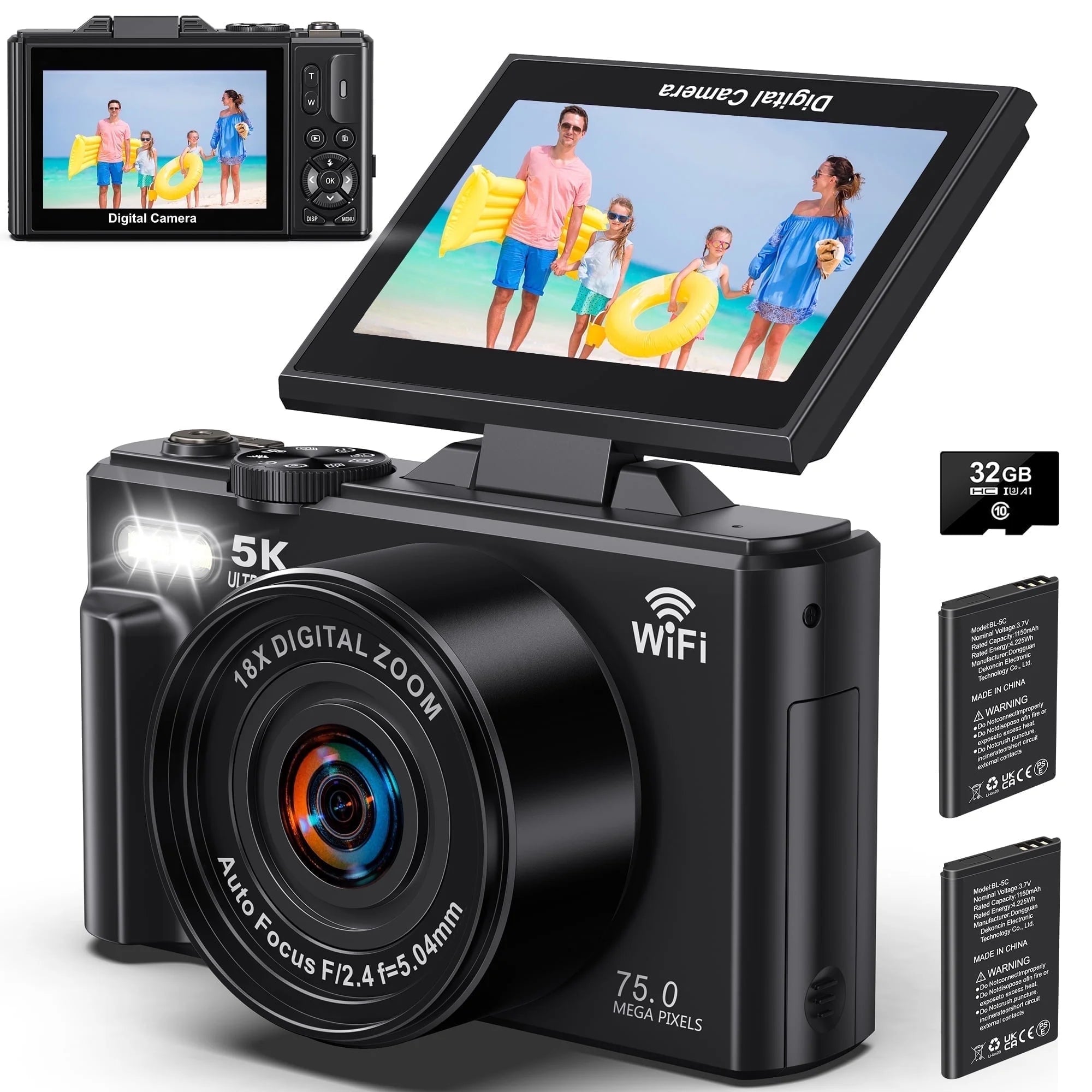 Digital Camera 5K 75MP Wifi Vlogging Camera for Photography, 18X Zoom, Autofocus, Flip Screen with 32GB Card