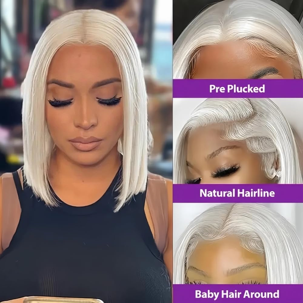 Glueless Human Hair 60# Grey White Platinum Blonde Bob Wigs for Black Women 8 Inch HD Transparent Lace Front Wigs Pre Plucked Frontal and Bleached Knots 130% Density