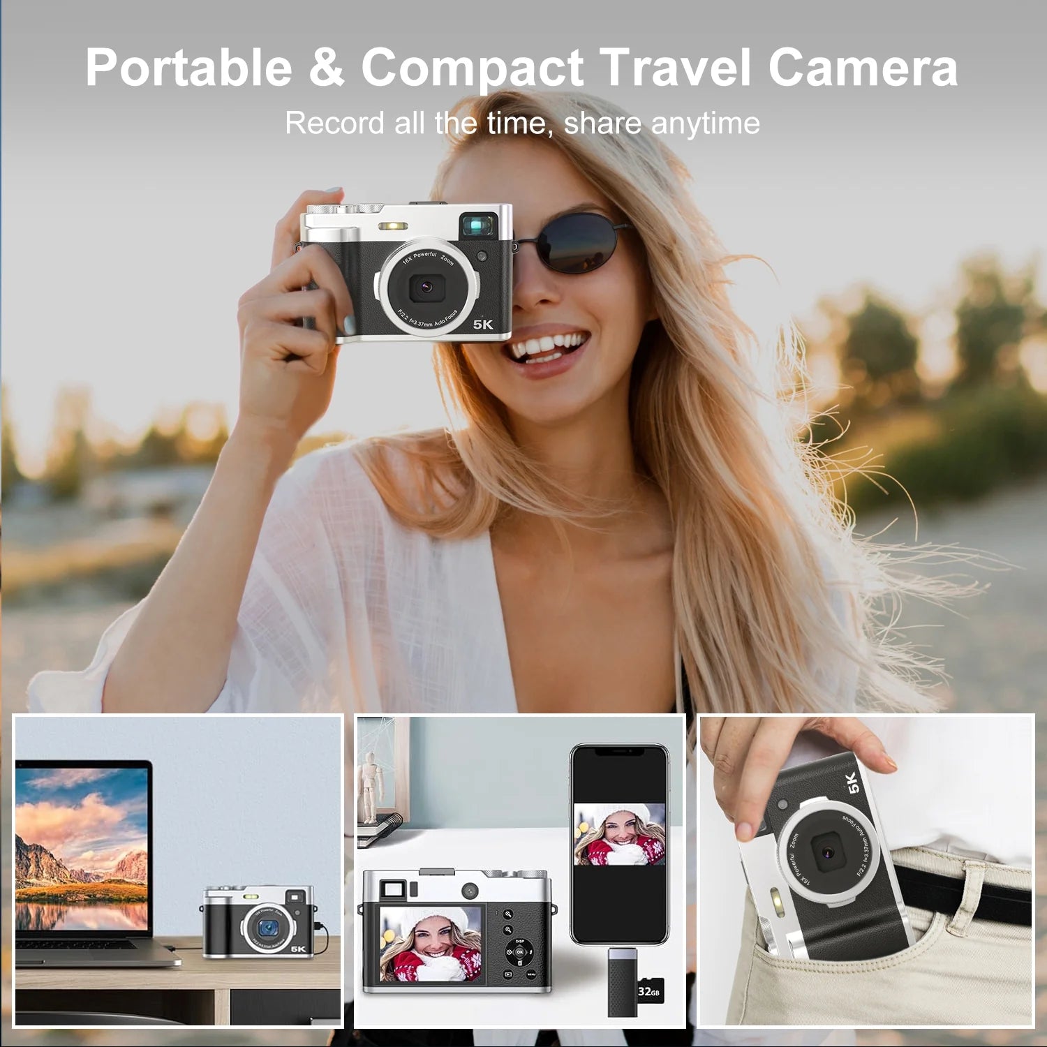 5K Digital Camera for Photography Wifi Autofocus 48MP Vlogging Camera for Youtube 16X Digital Zoom with Front and Rear Cameras with 32GB SD Card
