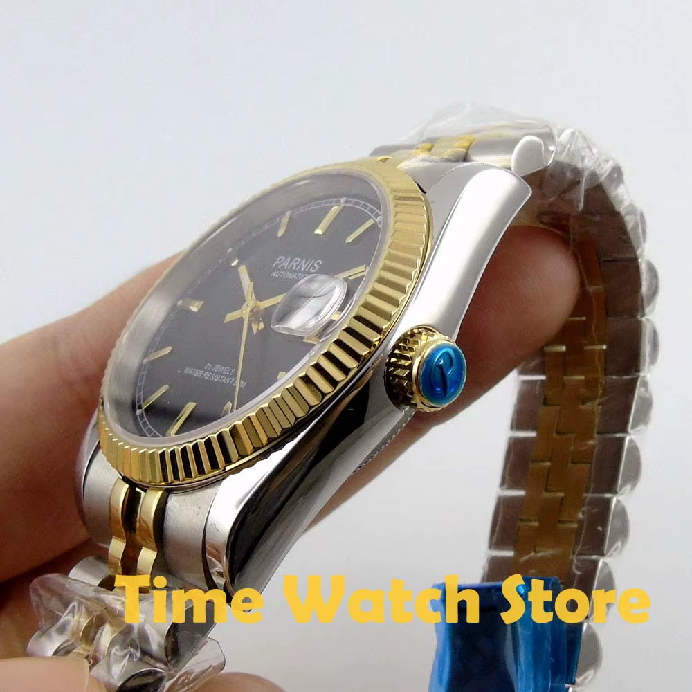 36Mm Mens Automatic Watch Miyota 821A 6T51 Luxury 5ATM Gold/Black/Silver Dial Unisex Sapphire Glass Date Solid Bracelet