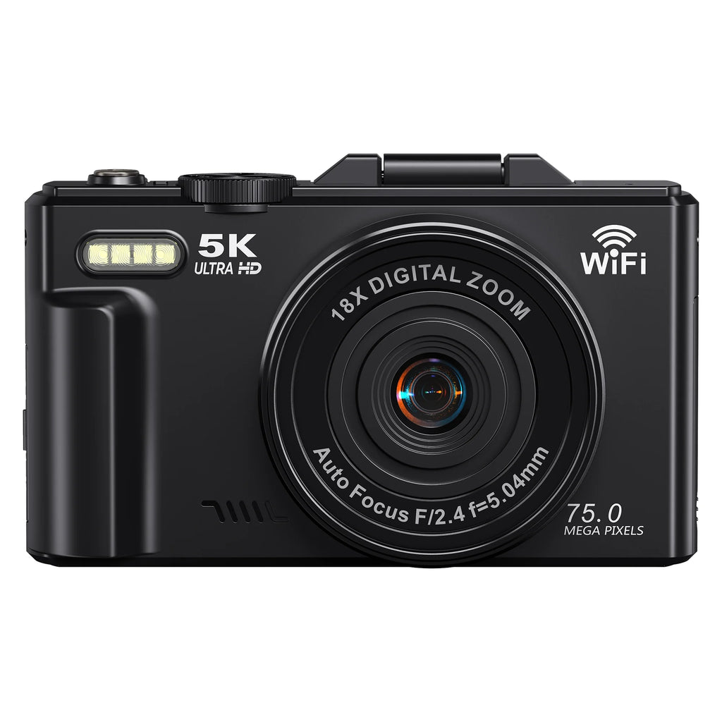 Digital Camera 5K 75MP Wifi Vlogging Camera for Photography, 18X Zoom, Autofocus, Flip Screen with 32GB Card