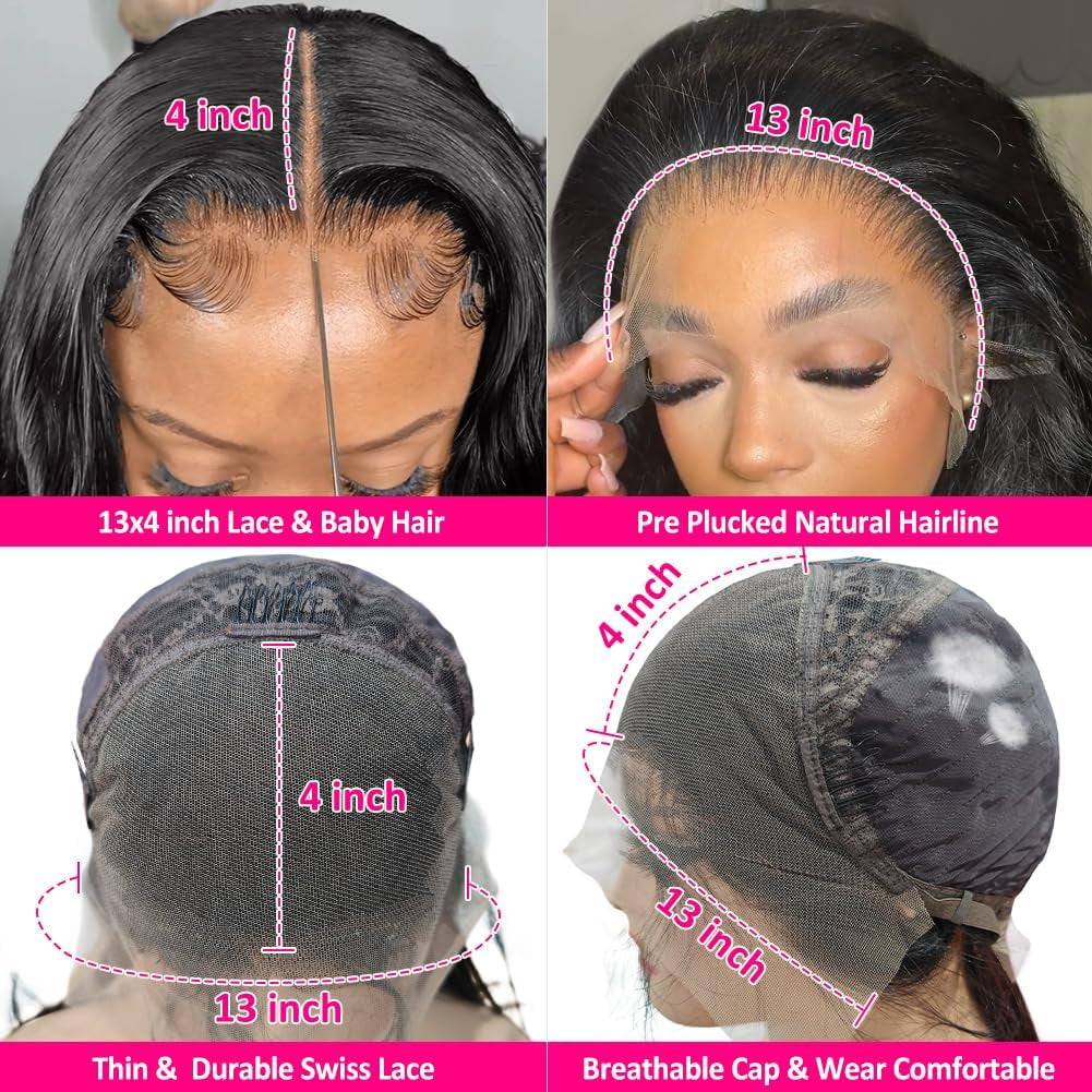 13X4 Full Frontal HD Lace Wigs for Women Human Hair Ture to Length Super Soft Body Wave Wigs Glueless Human Hair Pre Plucked Hairline Bleached Knots Are Small Jet Black 32Inch