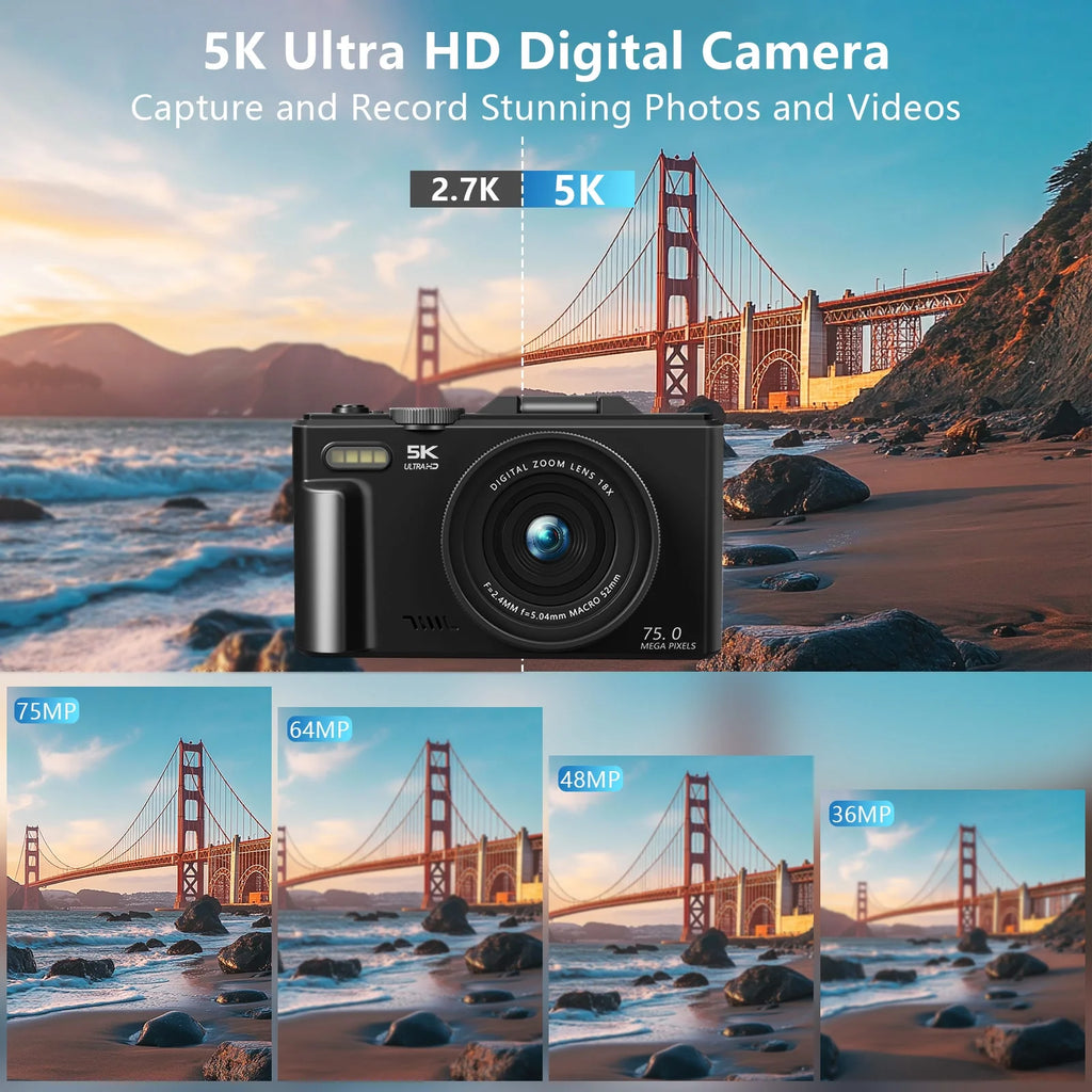 Digital Camera 5K 75MP Wifi Vlogging Cameras for You Tube 3''180° Flip Screen 18X Zoom with 32GB Card for Beginners Black
