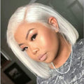 Glueless Human Hair 60# Grey White Platinum Blonde Bob Wigs for Black Women 8 Inch HD Transparent Lace Front Wigs Pre Plucked Frontal and Bleached Knots 130% Density