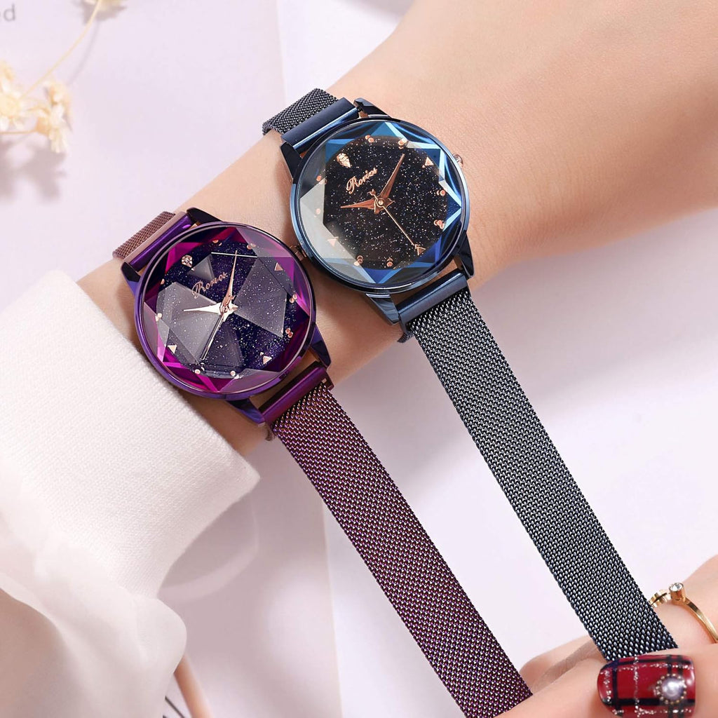 Women Watches Analogue Quartz Watch Fashionable Ladies Wristwatch Mesh Band Shining Starry Sky Dial Easily Use Watches
