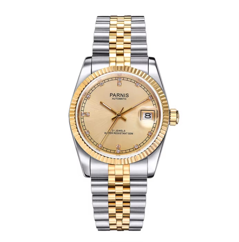 36Mm Mens Automatic Watch Miyota 821A 6T51 Luxury 5ATM Gold/Black/Silver Dial Unisex Sapphire Glass Date Solid Bracelet