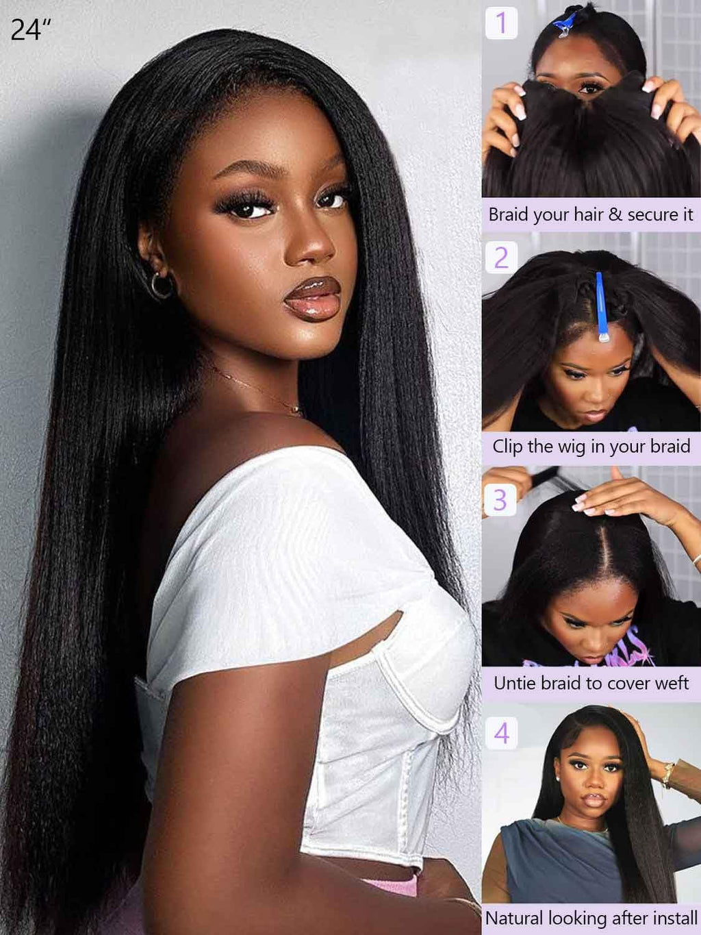 Kinky Straight U Part Human Hair Wig 12A Upgraded Glueless Full Head Clip in U Part Wigs for Women 22 Inch