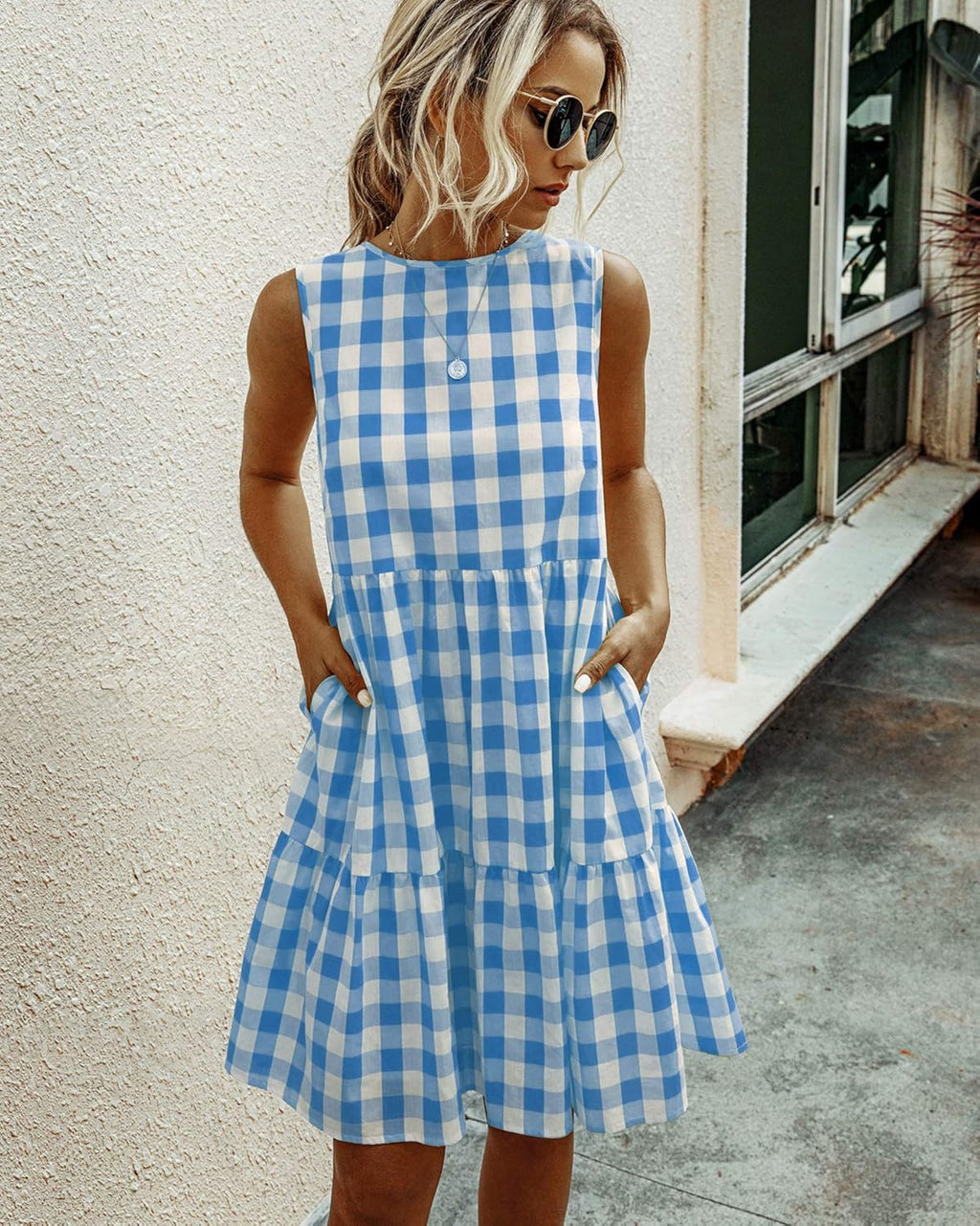 Women Dresses Plaid Sleeveless Summer Casual Sundress a Line Loose Swing T Shirt Mini Dress with Pockets