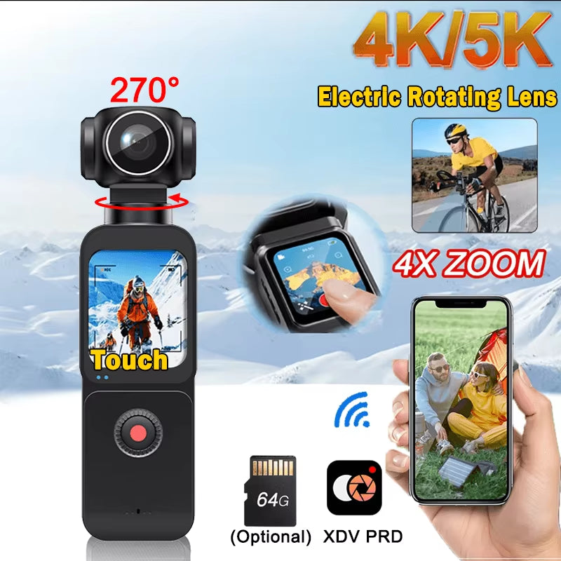 1.69" 4K/5K Ultra WIFI or Touch Screen Pocket Action Camera 270° Vlog Mini Sports Cam Helmet Travel Bicycle Driver Recorder