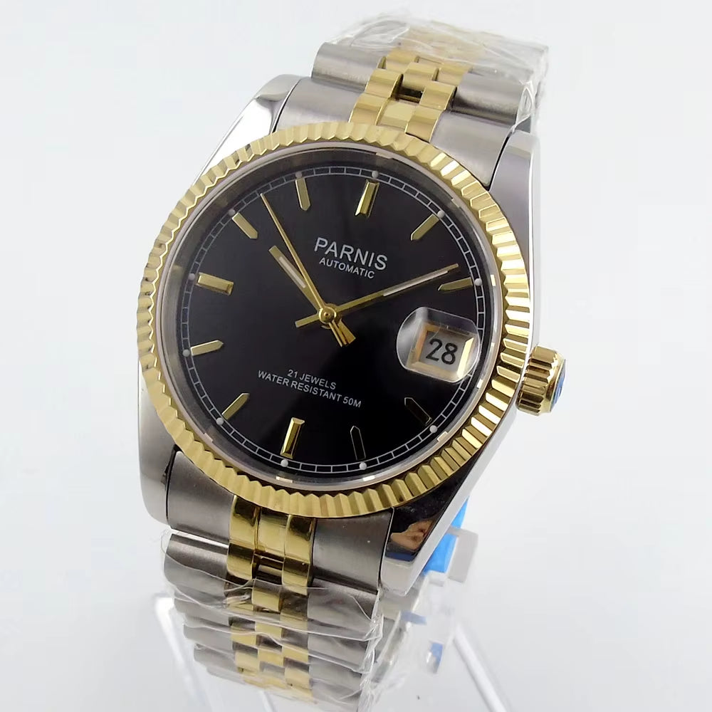 36Mm Mens Automatic Watch Miyota 821A 6T51 Luxury 5ATM Gold/Black/Silver Dial Unisex Sapphire Glass Date Solid Bracelet