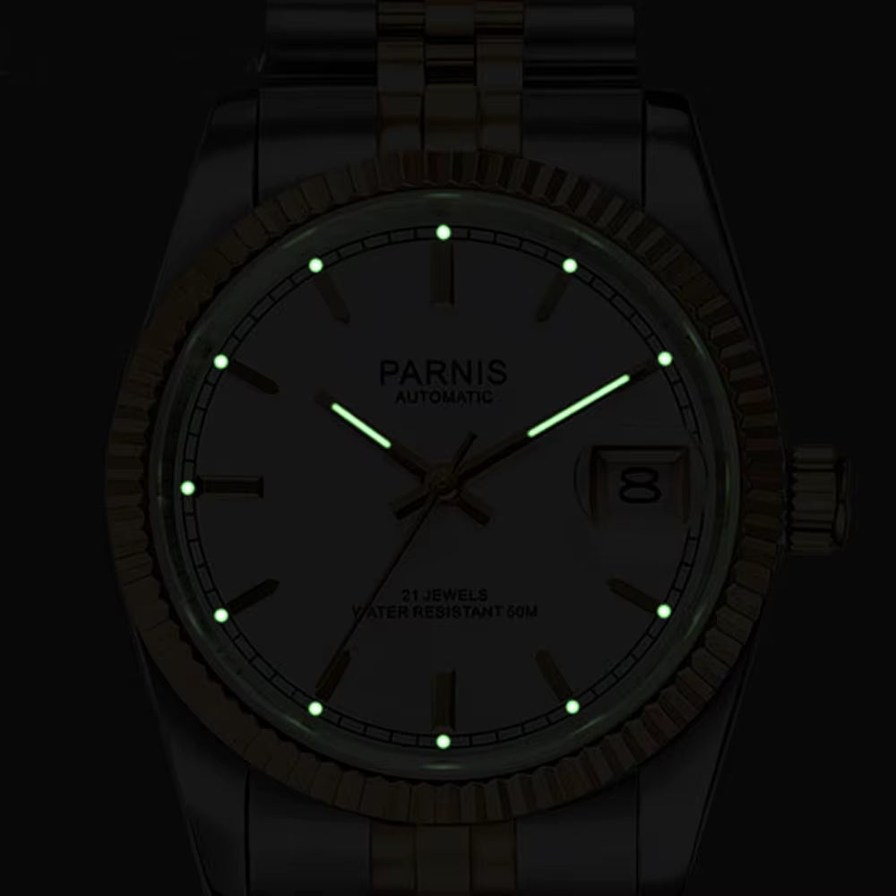 36Mm Mens Automatic Watch Miyota 821A 6T51 Luxury 5ATM Gold/Black/Silver Dial Unisex Sapphire Glass Date Solid Bracelet