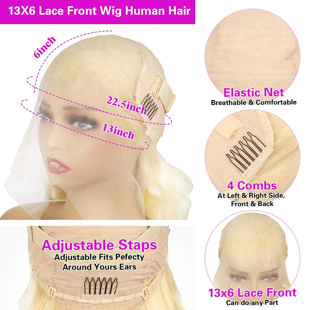 613 13X6 Lace Front Wig Human Hair 28 Inch Blonde Wig Human Hair 200 Density 613 HD Lace Frontal Wig 13X6 Body Wave Blonde Lace Front Wigs Human Hair Pre Plucked with Baby Hair for Women