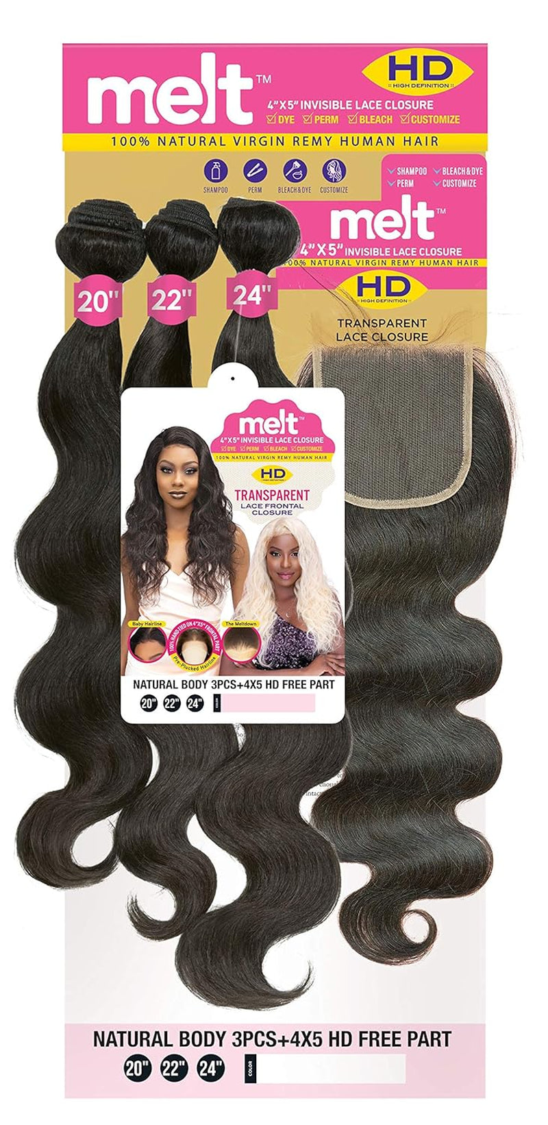 Melt 4X5 Invisible Lace Closure HD Free Part Transparent Lace Frontal Closure Natural Virgin Remy Human Hair MELT CLOSURE NATURAL BODY 3PCS (12"14"16", 613L)