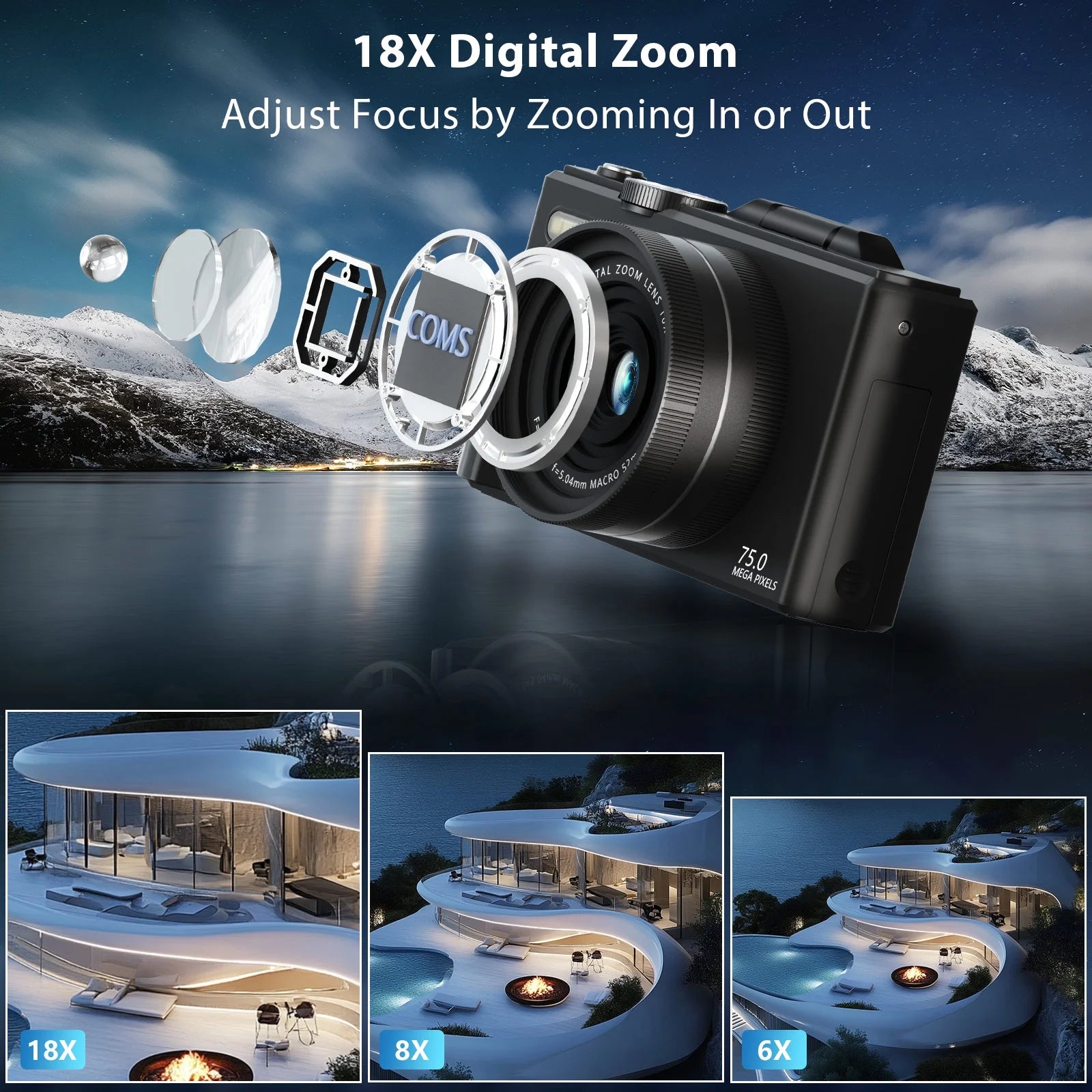 Digital Camera 5K 75MP Wifi Vlogging Cameras for You Tube 3''180° Flip Screen 18X Zoom with 32GB Card for Beginners Black