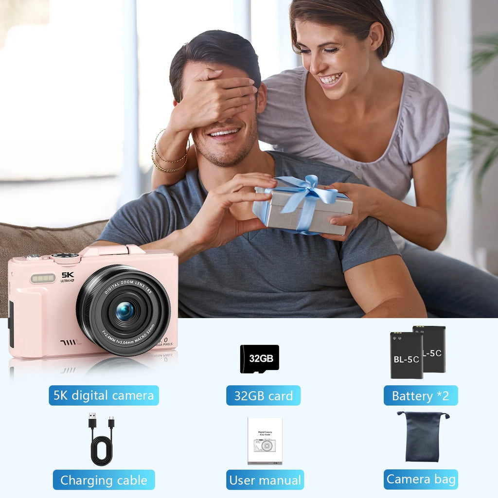 Digital Camera 5K 75MP Wifi Vlogging Cameras for You Tube 3''180° Flip Screen 18X Zoom with 32GB Card for Beginners Pink