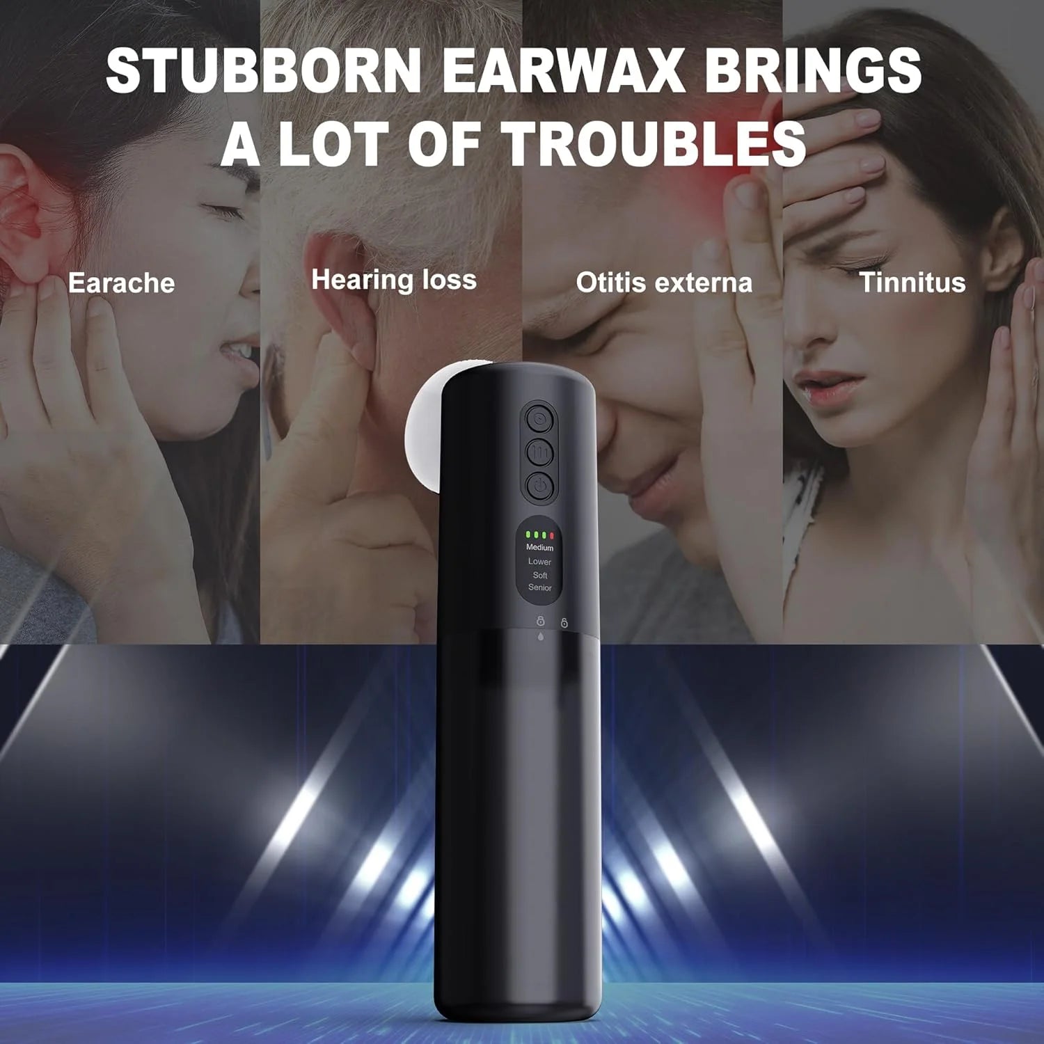 Water Powered Ear Cleaner, Safe & Effective Electric Triple Jet Stream with 4 Pressure Settings for Ear Wax Buildup, Water Resistant, USB Rechargeable Black