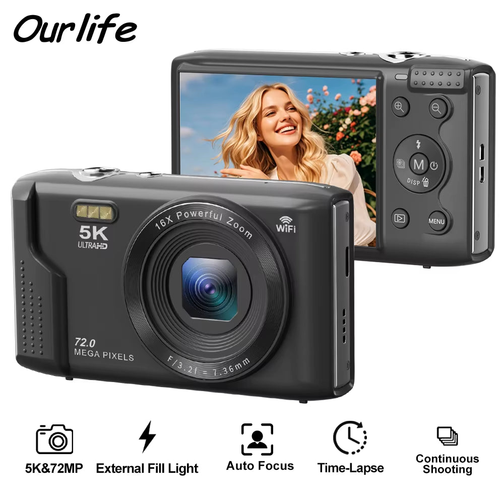 Compact Digital Camera 5K 72MP 2.8'' Screen LCD Screen 16X Digital Zoom Vintage Photography Vlog Video Recorder Youtube