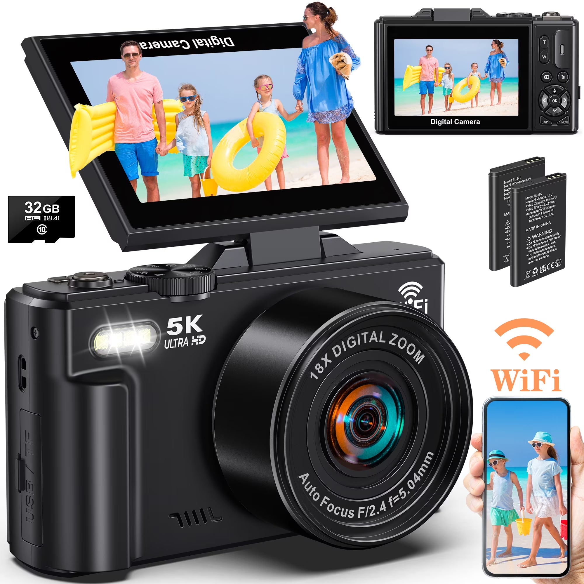 Digital Camera 5K 75MP Wifi Vlogging Camera for Photography, 18X Zoom, Autofocus, Flip Screen with 32GB Card
