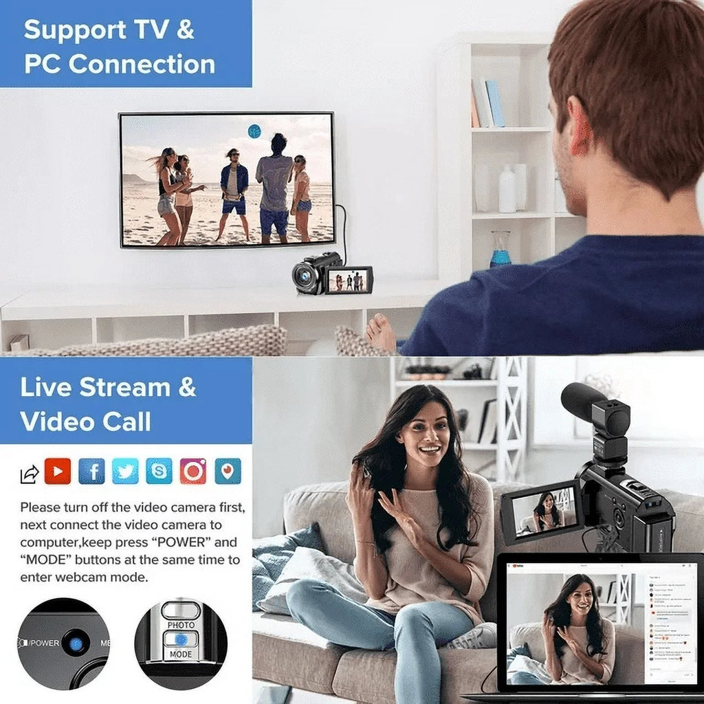 Video Camera Camcorder FHD 1080P 30FPS 16X Digital Zoom Vlog Camera for Youtube 3.0 Touch Screen with Microphone