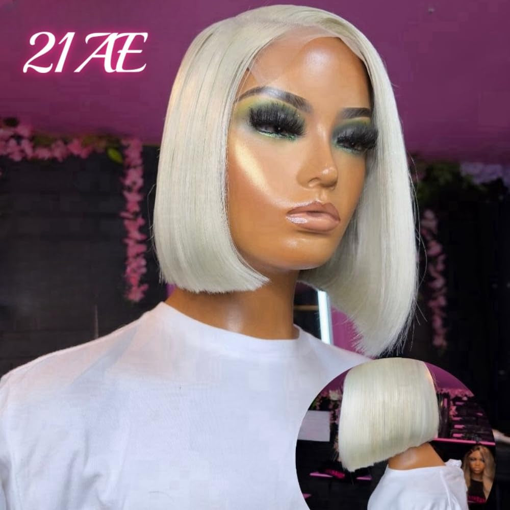 Glueless Human Hair 60# Grey White Platinum Blonde Bob Wigs for Black Women 8 Inch HD Transparent Lace Front Wigs Pre Plucked Frontal and Bleached Knots 130% Density