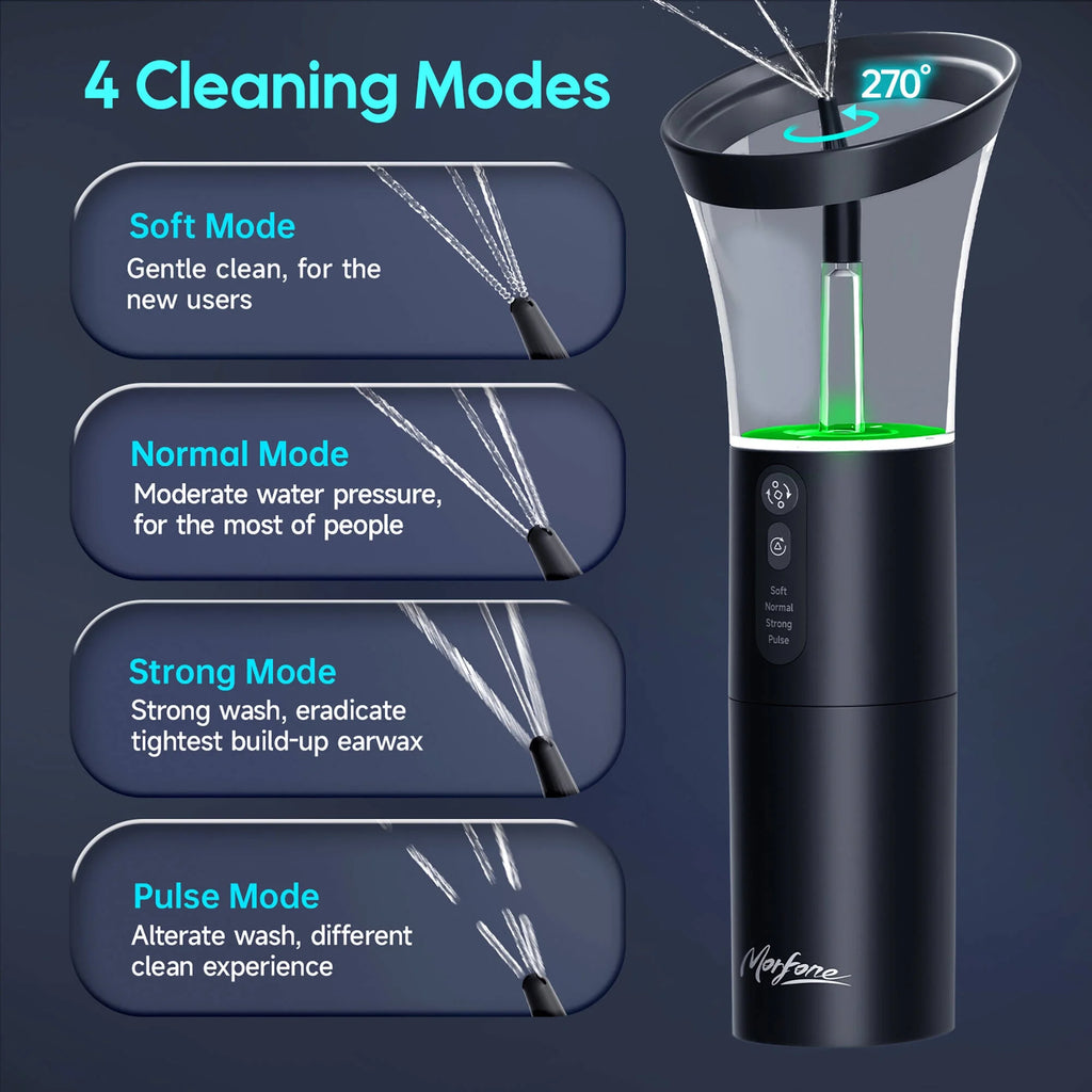 Ear Wax Removal with One-Piece Waste Tank, Ear Cleaner with Water Temperature Sensor, 4 Pressure Settings, Ear Cleaning Kit for Ear Wax Buildup & USB-C Cable, IPX6, Black