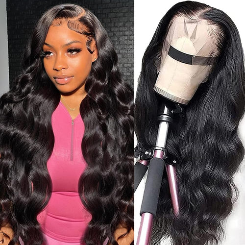 13X4 Full Frontal HD Lace Wigs for Women Human Hair Ture to Length Super Soft Body Wave Wigs Glueless Human Hair Pre Plucked Hairline Bleached Knots Are Small Jet Black 32Inch