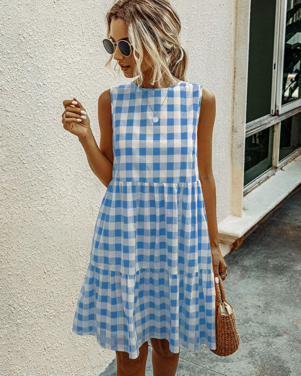 Women Dresses Plaid Sleeveless Summer Casual Sundress a Line Loose Swing T Shirt Mini Dress with Pockets
