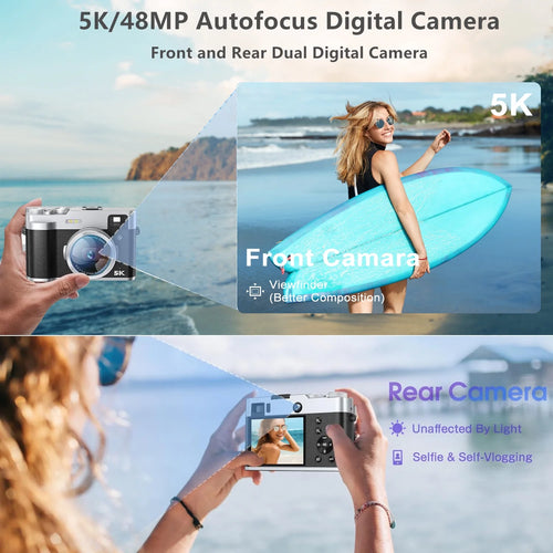 5K Digital Camera for Photography Wifi Autofocus 48MP Vlogging Camera for Youtube 16X Digital Zoom with Front and Rear Cameras with 32GB SD Card