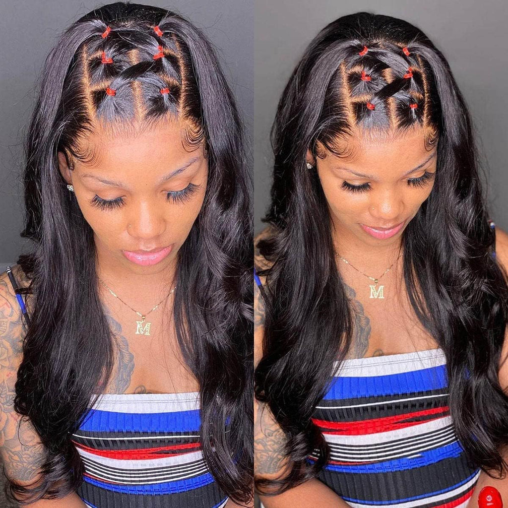 13X4 Full Frontal HD Lace Wigs for Women Human Hair Ture to Length Super Soft Body Wave Wigs Glueless Human Hair Pre Plucked Hairline Bleached Knots Are Small Jet Black 32Inch