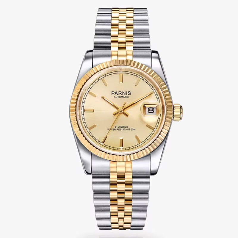 36Mm Mens Automatic Watch Miyota 821A 6T51 Luxury 5ATM Gold/Black/Silver Dial Unisex Sapphire Glass Date Solid Bracelet