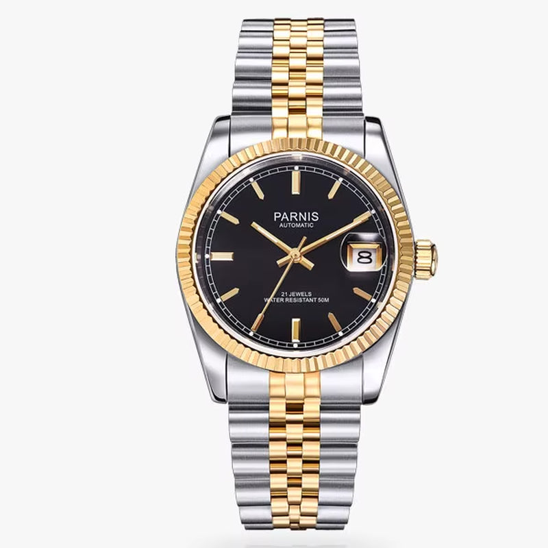 36Mm Mens Automatic Watch Miyota 821A 6T51 Luxury 5ATM Gold/Black/Silver Dial Unisex Sapphire Glass Date Solid Bracelet