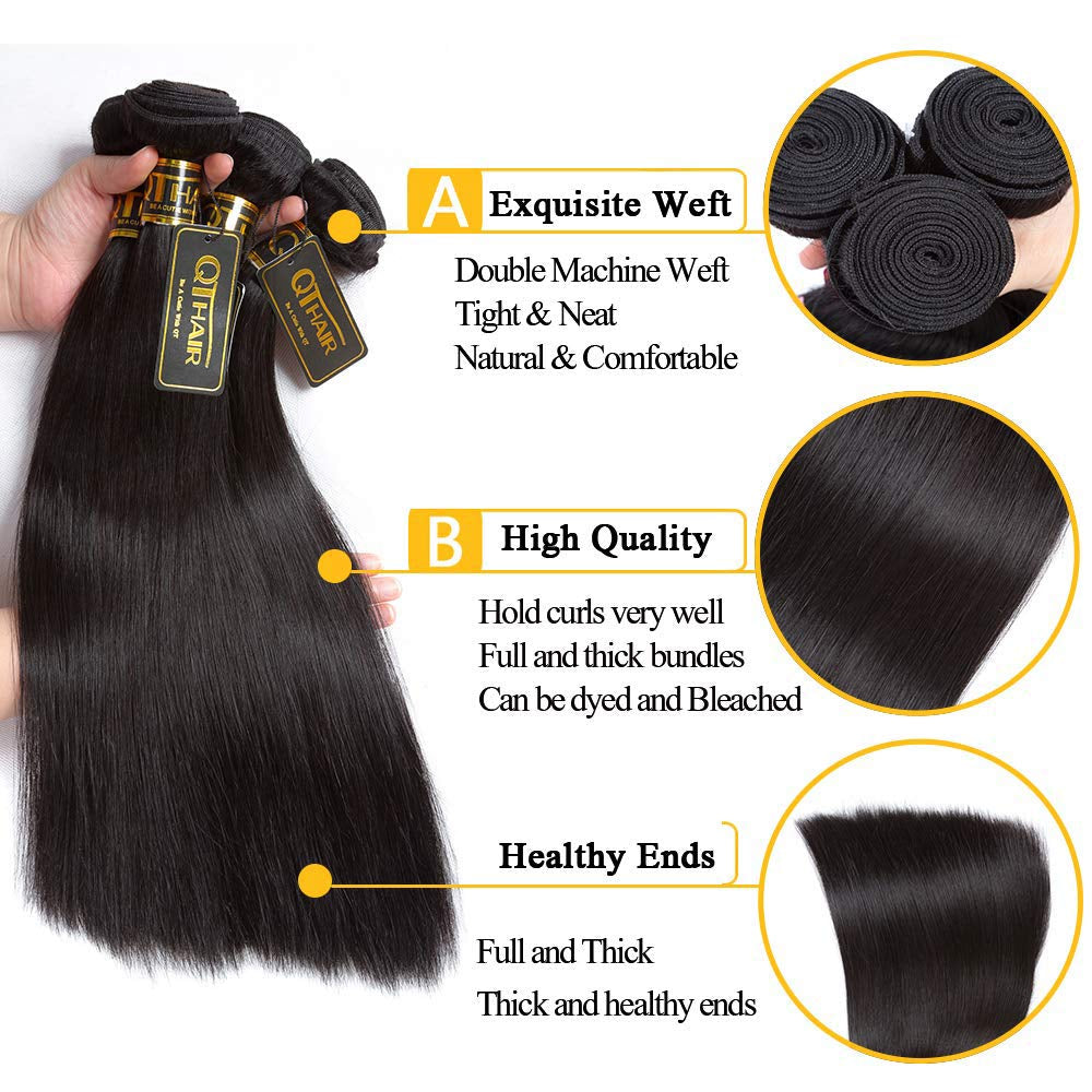 18A Brazilian Straight Human Hair Bundles with Frontal(16 18 20+14,Natural Black) Brazilian Straight Virgin Hair with 13X4 Lace Frontal 100% Unprocessed Human Hair Weave with Frontal