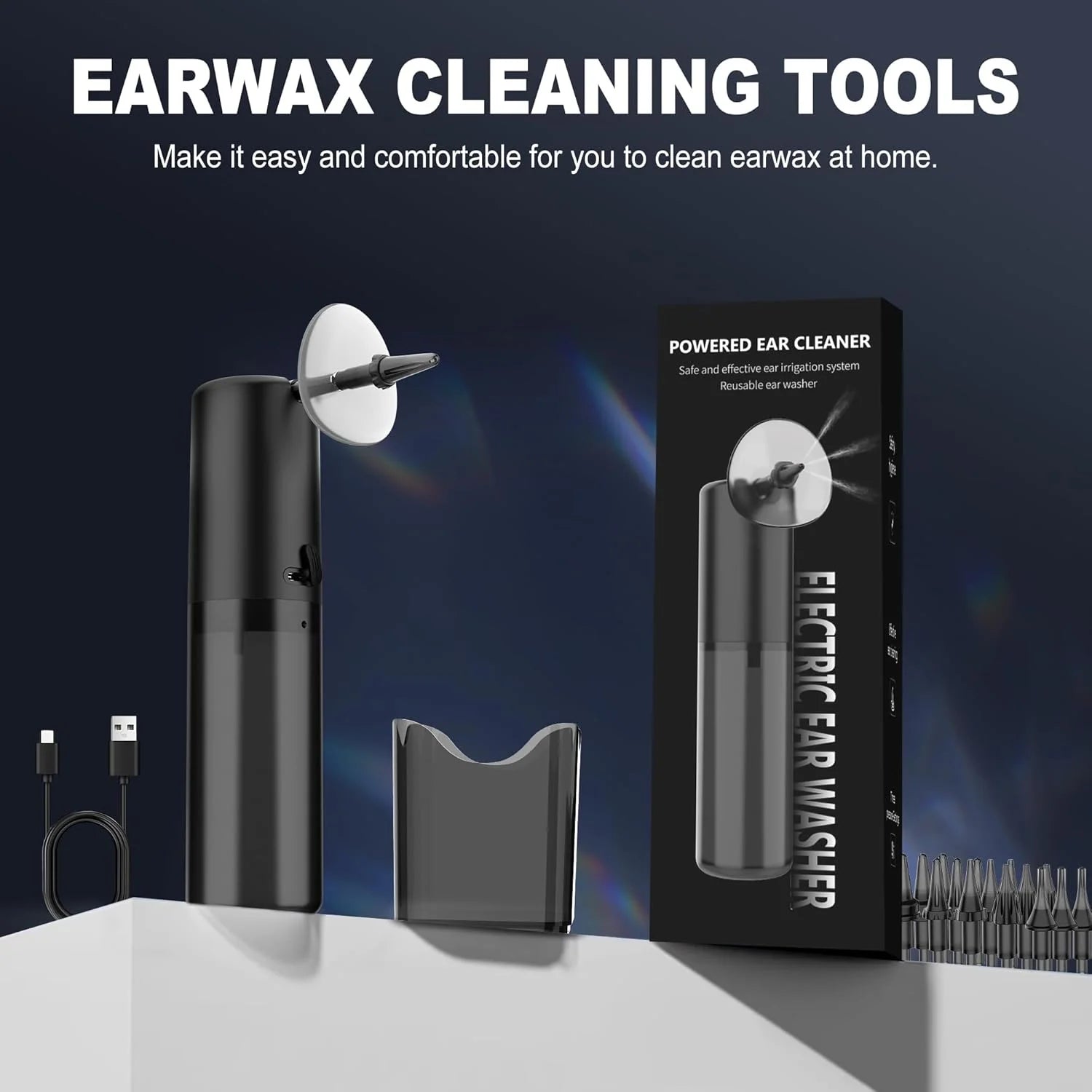 Water Powered Ear Cleaner, Safe & Effective Electric Triple Jet Stream with 4 Pressure Settings for Ear Wax Buildup, Water Resistant, USB Rechargeable Black
