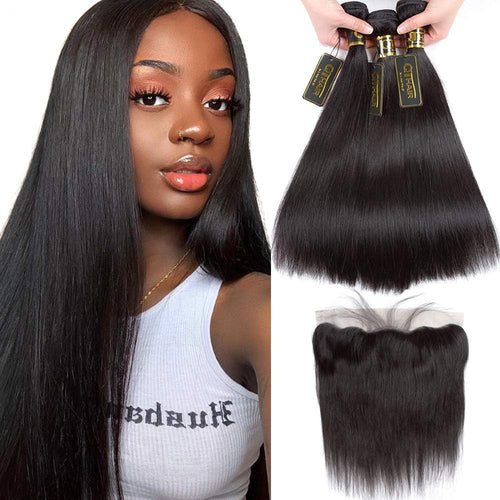18A Brazilian Straight Human Hair Bundles with Frontal(16 18 20+14,Natural Black) Brazilian Straight Virgin Hair with 13X4 Lace Frontal 100% Unprocessed Human Hair Weave with Frontal