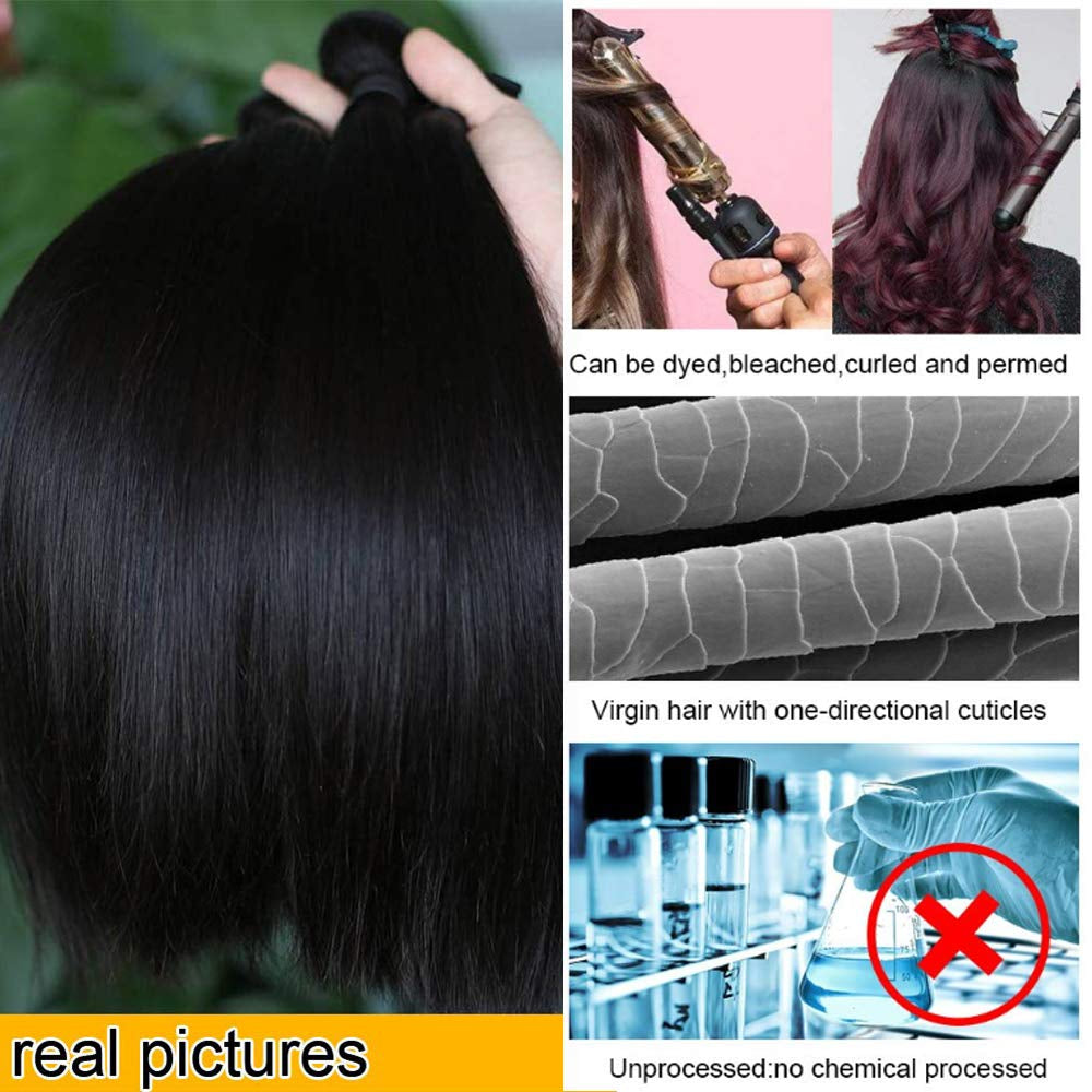 18A Brazilian Straight Human Hair Bundles with Frontal(16 18 20+14,Natural Black) Brazilian Straight Virgin Hair with 13X4 Lace Frontal 100% Unprocessed Human Hair Weave with Frontal