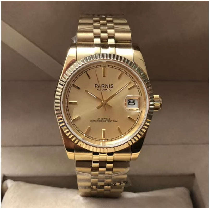 36Mm Mens Automatic Watch Miyota 821A 6T51 Luxury 5ATM Gold/Black/Silver Dial Unisex Sapphire Glass Date Solid Bracelet